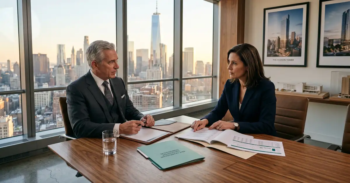 Senior commercial real estate executive search consultation in a Manhattan or Chicago real estate firm conference room reviewing candidate dossier and capital stack analysis