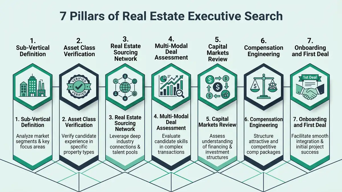 7 Pillars of Real Estate Executive Search infographic showing sub-vertical definition, asset class verification, real estate sourcing network, multi-modal deal assessment, capital markets review, compensation engineering, and onboarding and first deal