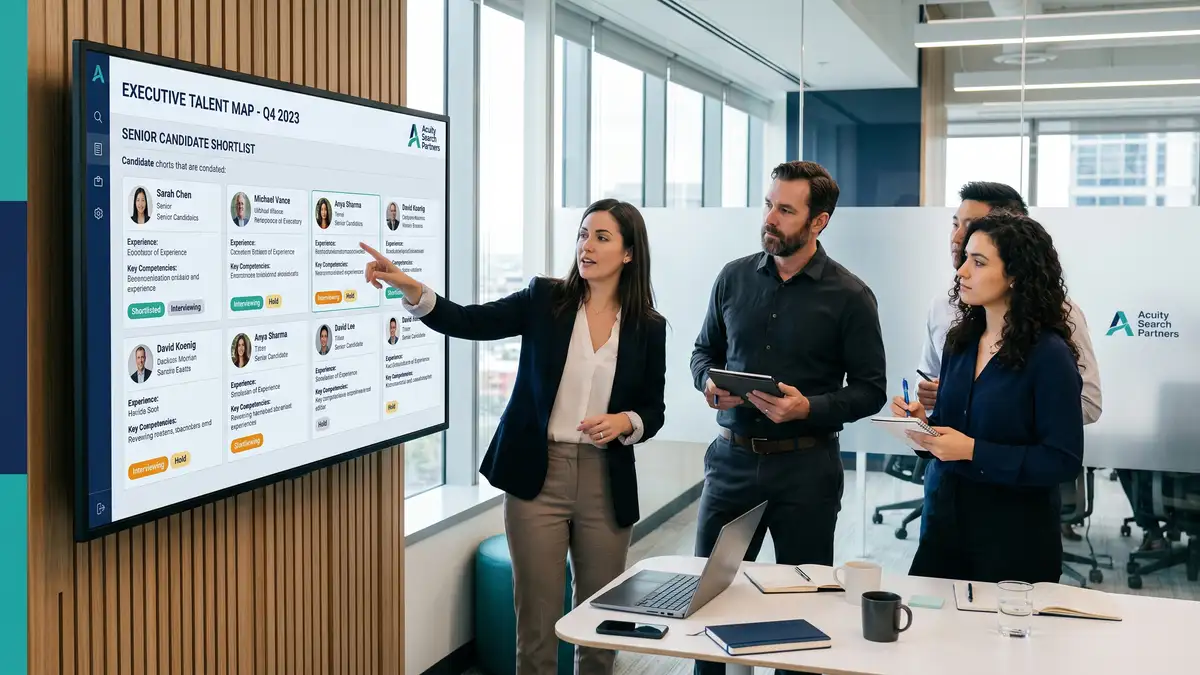 A boutique executive search team reviewing an automated talent-mapping board with a shortlist of senior candidates