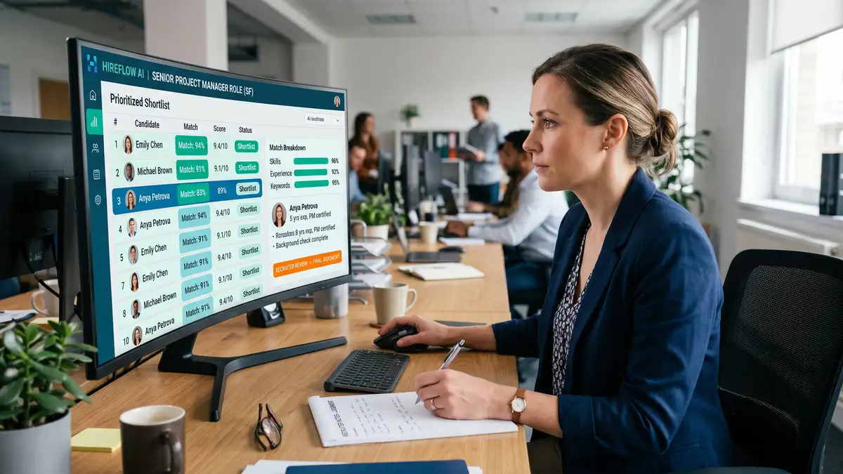 An AI screening interface ranking candidate profiles against a role specification with a human recruiter reviewing the shortlist