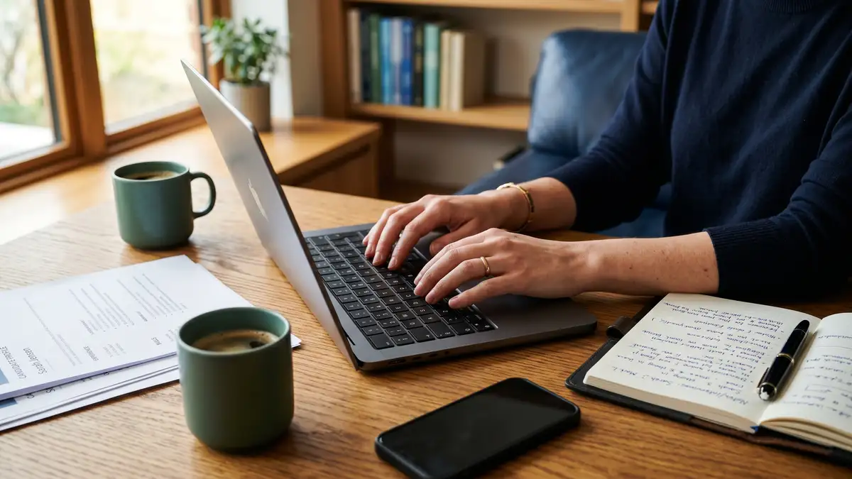 Hands on a laptop at a premium desk reviewing candidate profiles