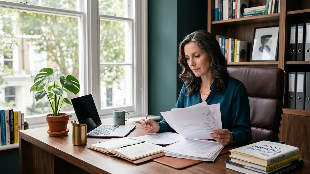 An executive recruiter reviewing candidate shortlists at a premium desk by a window