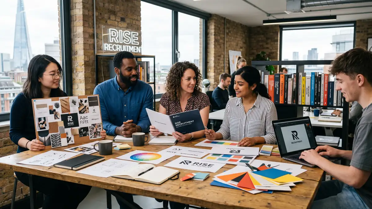 Boutique recruitment agency creative team designing the firm's visual identity with mood boards, colour swatches, typography samples, and brand standards documentation