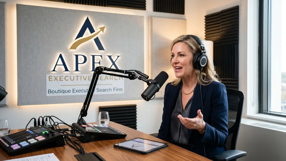 Boutique executive search firm founder Managing Director recording a podcast episode in a professional studio with branded backdrop