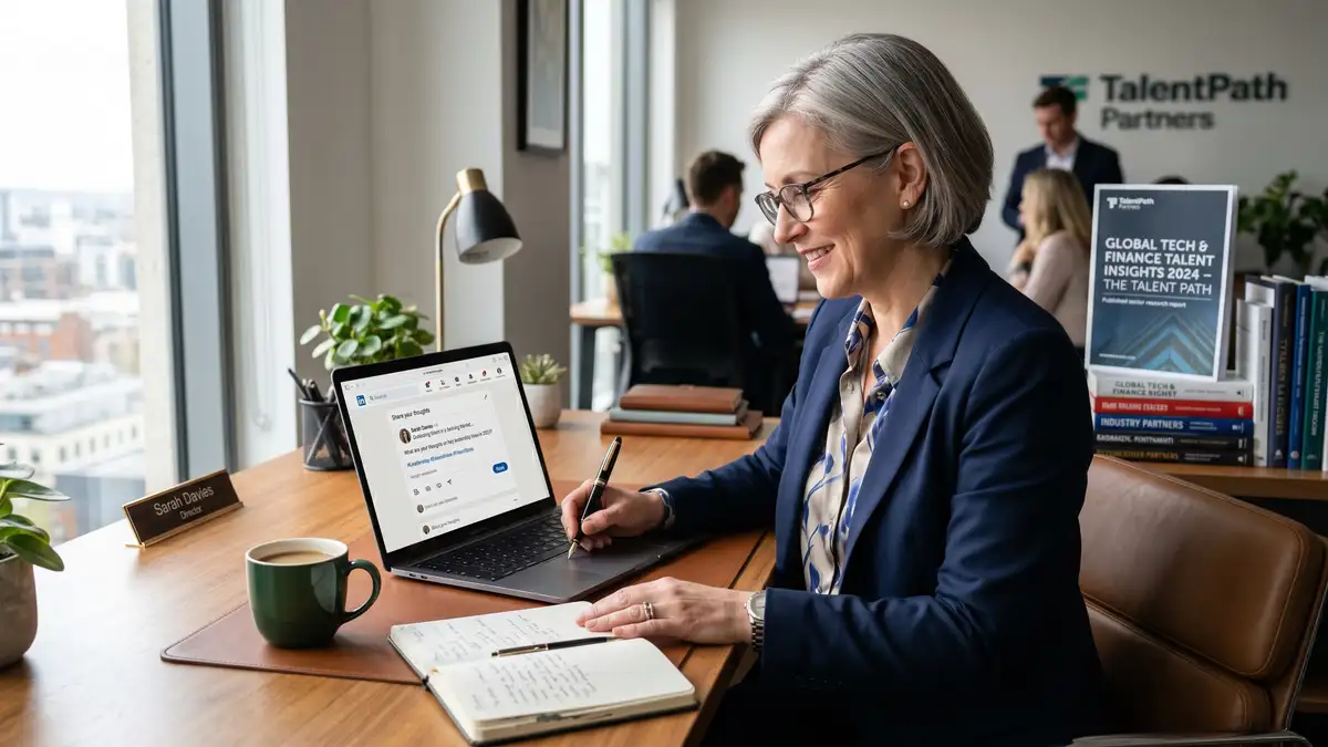 Senior recruitment agency consultant writing LinkedIn thought leadership content at their desk with the firm's published sector research visible