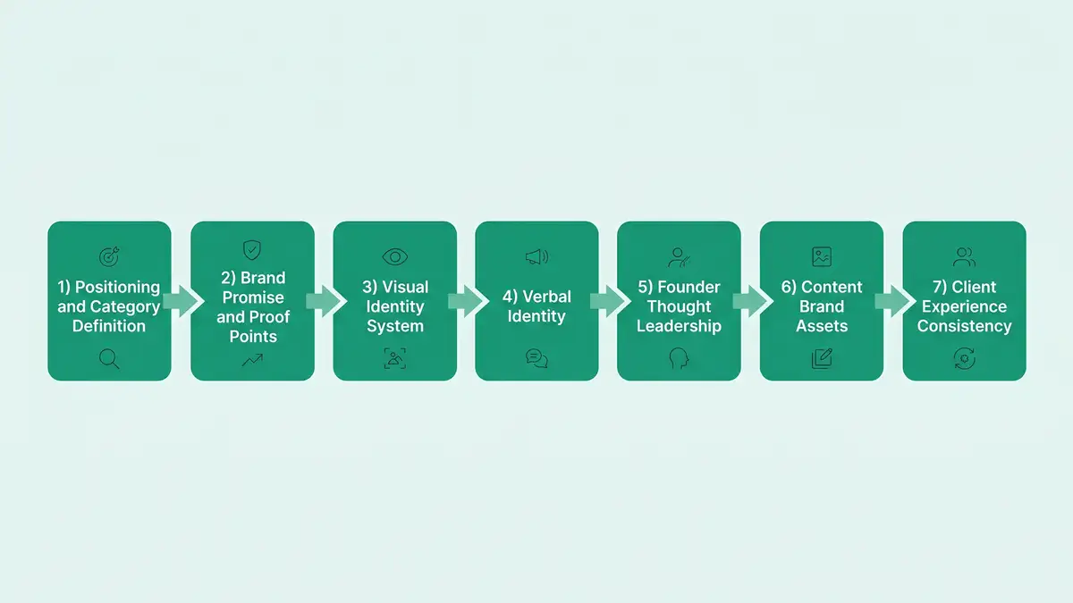 Infographic showing the 7-pillar recruitment agency brand architecture as horizontal flow from positioning through to client experience consistency