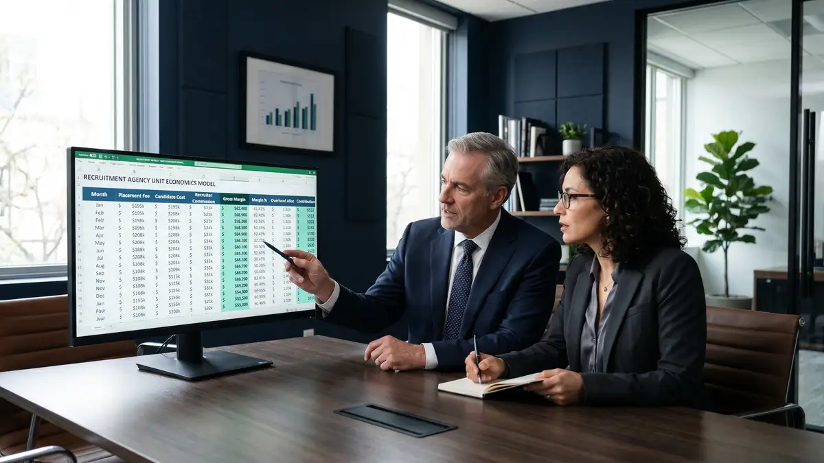 Senior partner and finance lead reviewing a detailed recruitment agency unit economics model on a large monitor showing columns for placement fee commission gross margin and contribution
