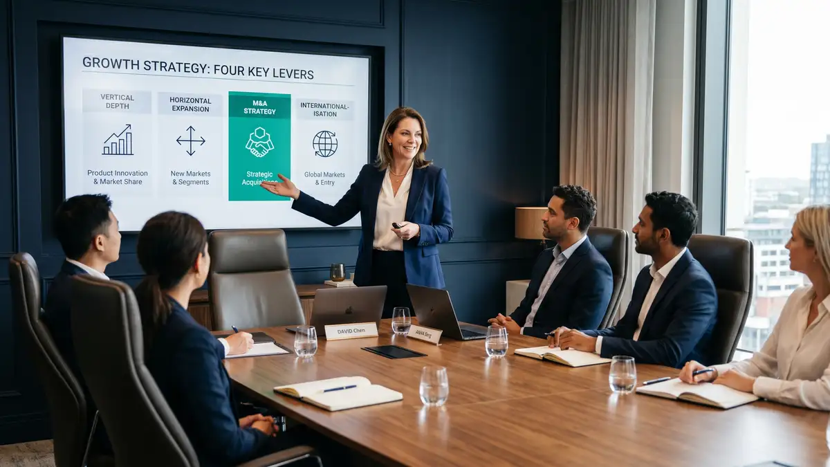 Managing director presenting a growth strategy slide to investors in a private boardroom with four growth levers labelled vertical depth horizontal expansion M&A and internationalisation