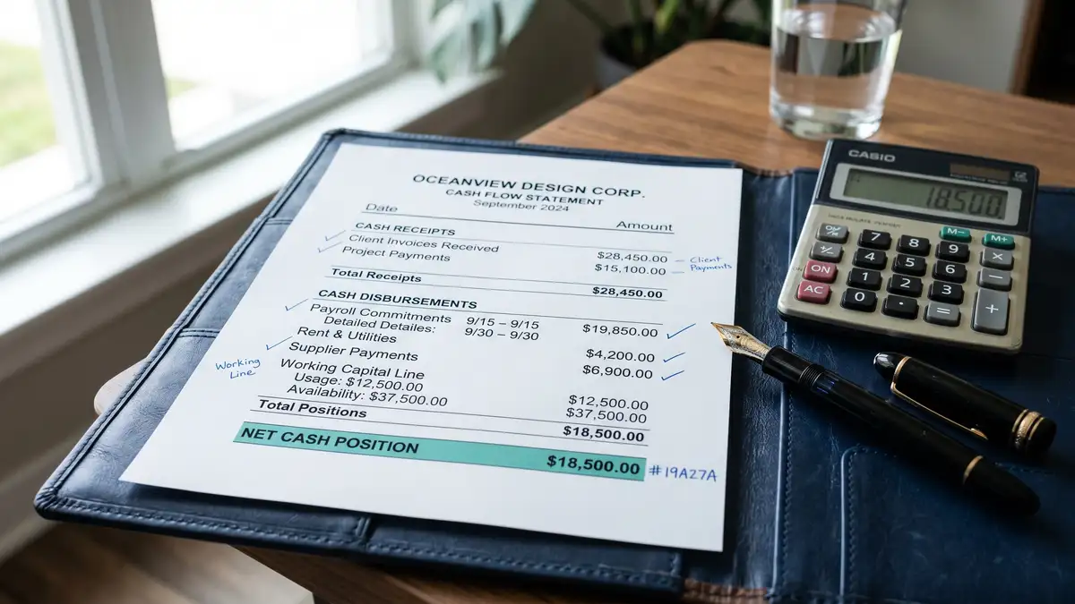 Recruitment agency cash flow statement showing receipts payroll commitments and working capital line with cash position highlighted