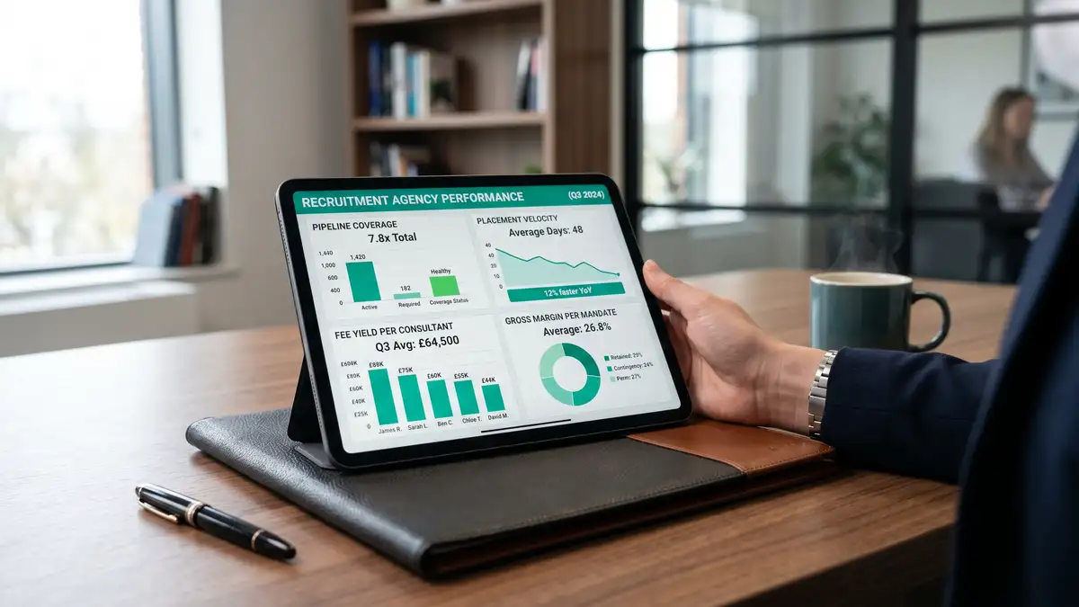 Recruitment agency KPI dashboard on a tablet showing pipeline coverage placement velocity fee yield per consultant and gross margin per mandate metrics