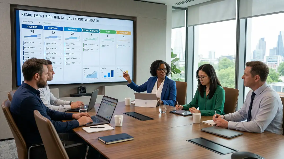 Executive search firm team analysing recruitment pipeline data on large screen display with candidate progression stages