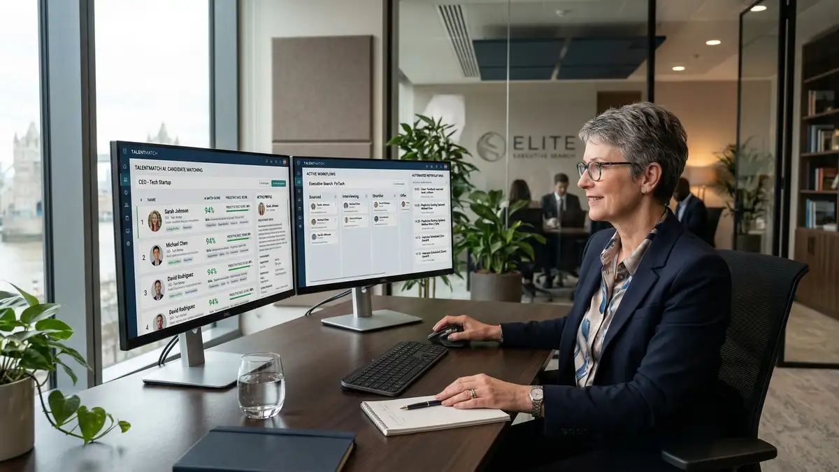 Senior recruitment consultant using AI-powered candidate matching software on dual monitors with automated workflow notifications