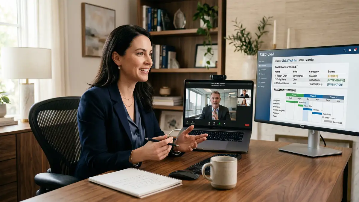 Executive search consultant on video call with C-suite client reviewing CRM candidate shortlist and placement timeline