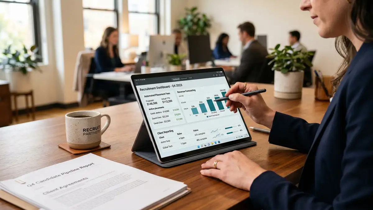 Recruiter working on tablet showing automated placement fee calculations and revenue forecasting dashboard