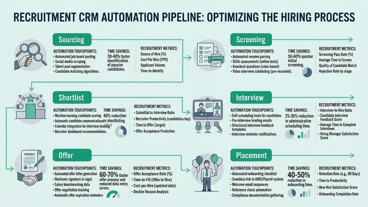 Infographic showing recruitment CRM automation pipeline stages from sourcing to placement with time savings and automation touchpoints