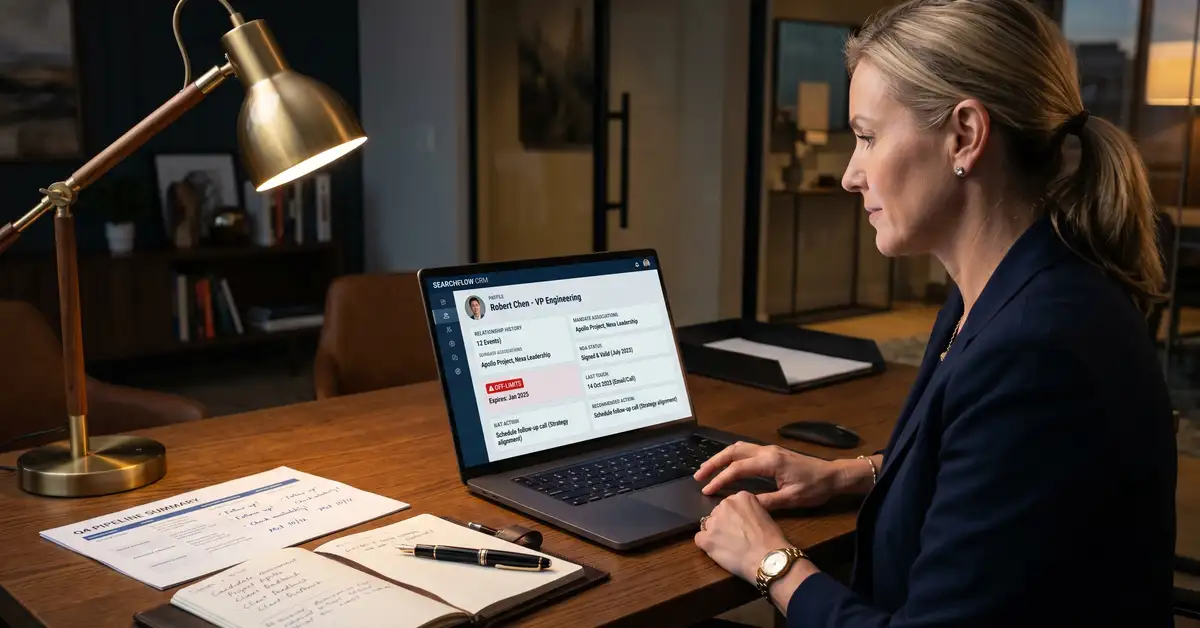 Close-up of executive search consultant using recruitment CRM on premium laptop with candidate profile and AI-suggested next action