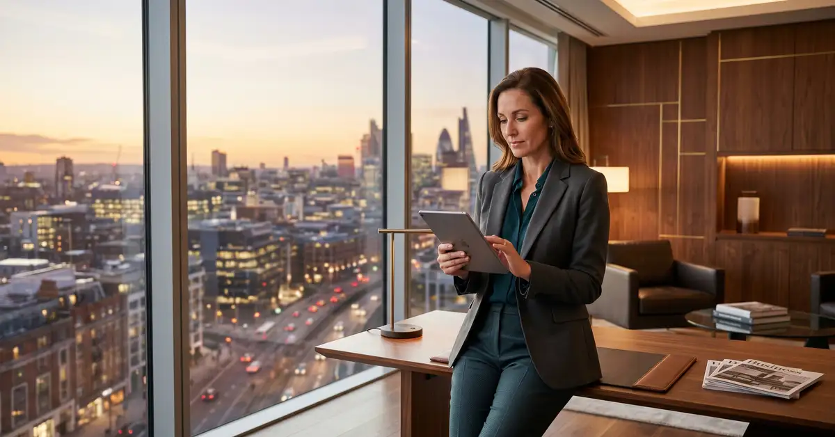Executive search Managing Director reviewing CRM ROI dashboard with placement velocity metrics on tablet in modern office