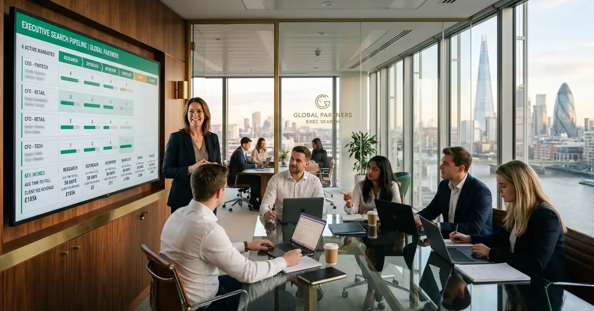 Executive search firm Operations Director leading team using recruitment CRM dashboard with pipeline view and placement velocity metrics on wall-mounted display in modern London office