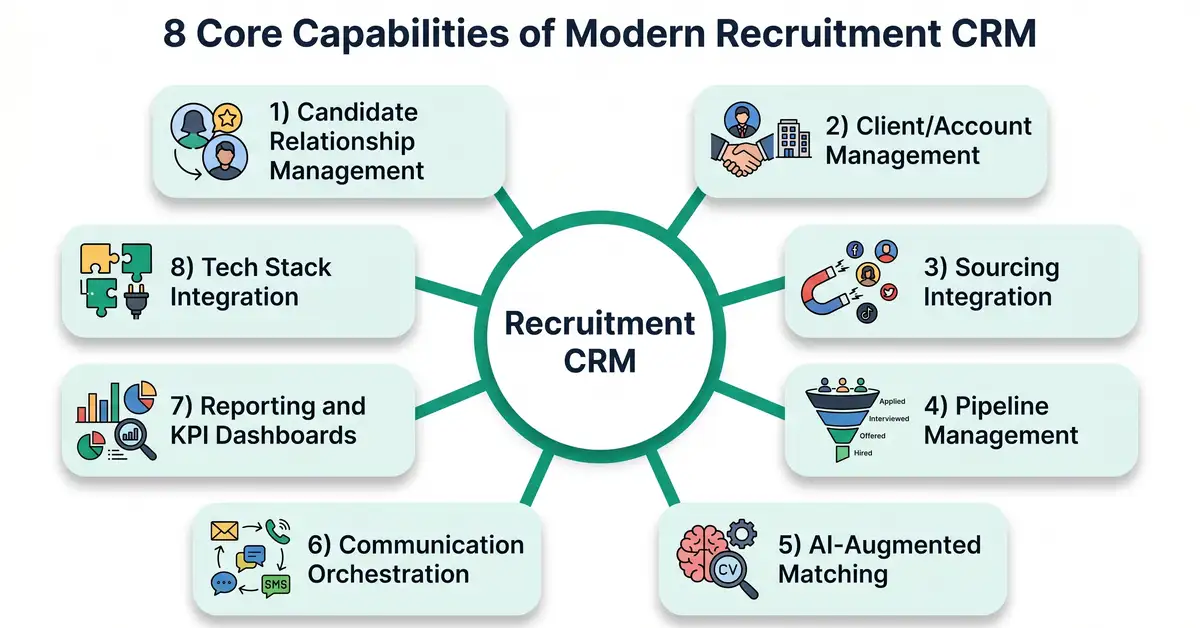 8 Core Capabilities of Modern Recruitment CRM hub-and-spoke infographic with central node and capability cards