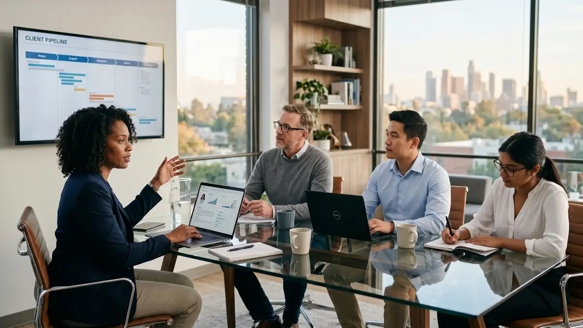 A boutique executive search team collaborating around a glass conference table reviewing CRM candidate profiles on laptops