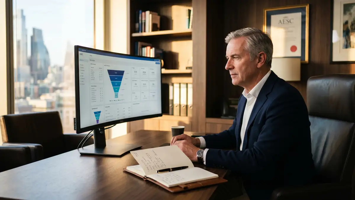A senior boutique executive search consultant reviewing CRM analytics on a curved ultrawide monitor in a private office