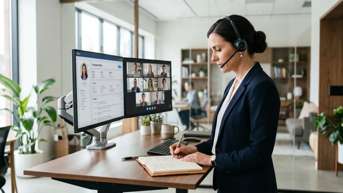 A boutique executive search consultant at a standing desk with dual monitors taking notes during a candidate engagement call