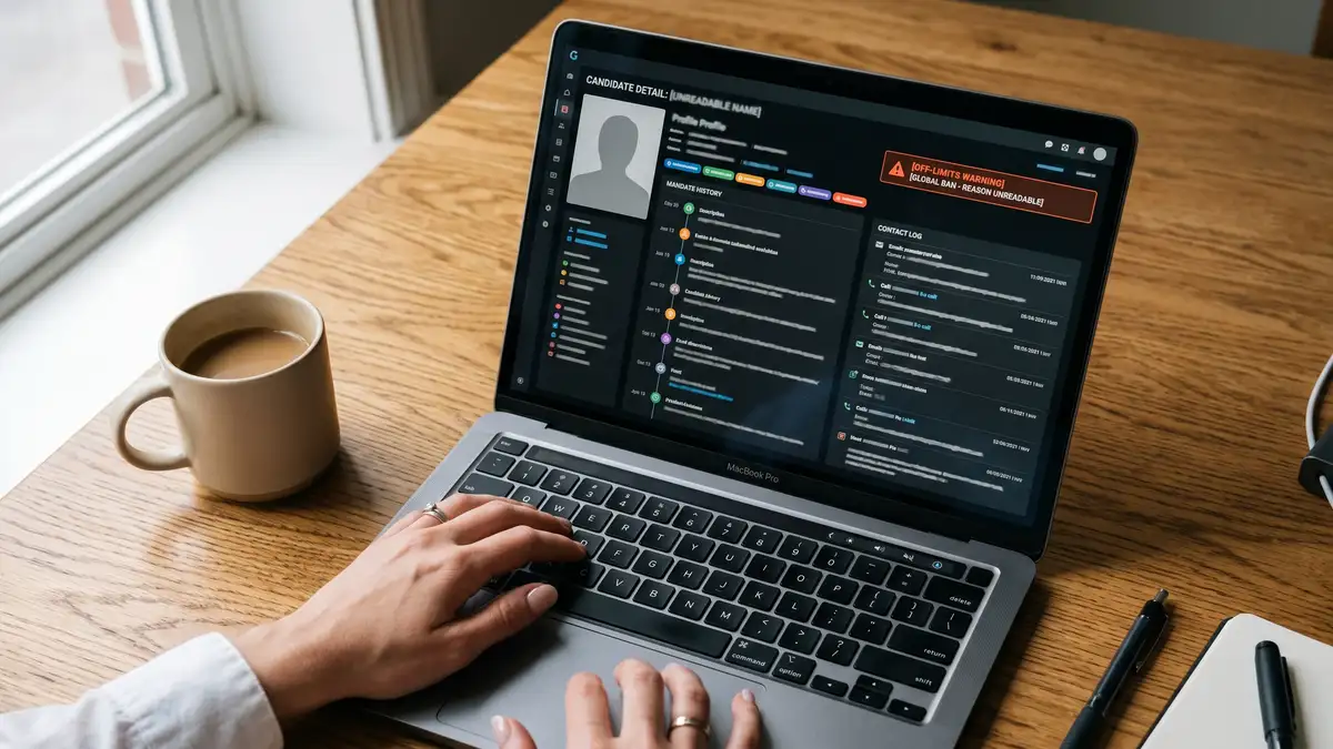 Close-up overhead view of a MacBook Pro showing a recruitment CRM candidate profile with mandate history timeline