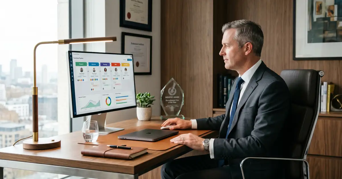 Managing Director of a boutique executive search firm reviewing recruitment CRM software dashboard with candidate pipeline and mandate stages in a sunlit private office