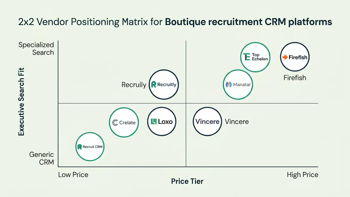 Vendor positioning matrix showing 8 boutique recruitment CRM platforms plotted against price tier and executive search specialization