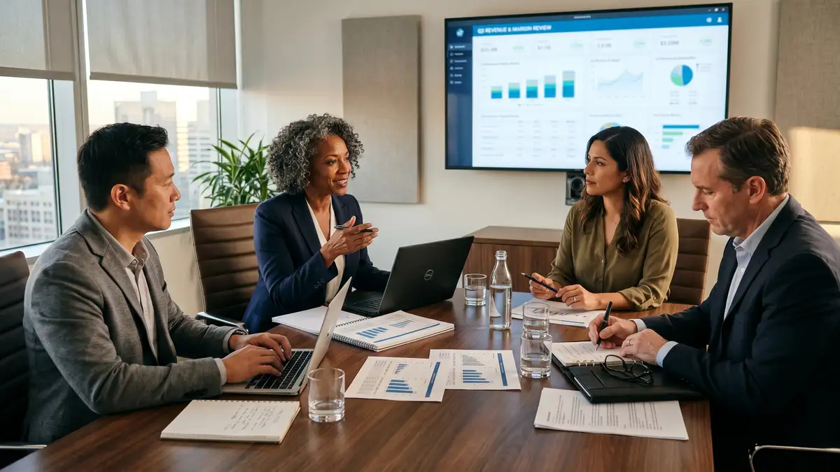 Small executive search firm leadership team in a quarterly business review around a polished wood table reviewing placeholder revenue and margin dashboard