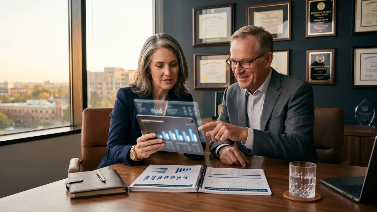 CFO and managing partner of a boutique executive search firm reviewing financial benchmarks on a tablet at a polished wood desk
