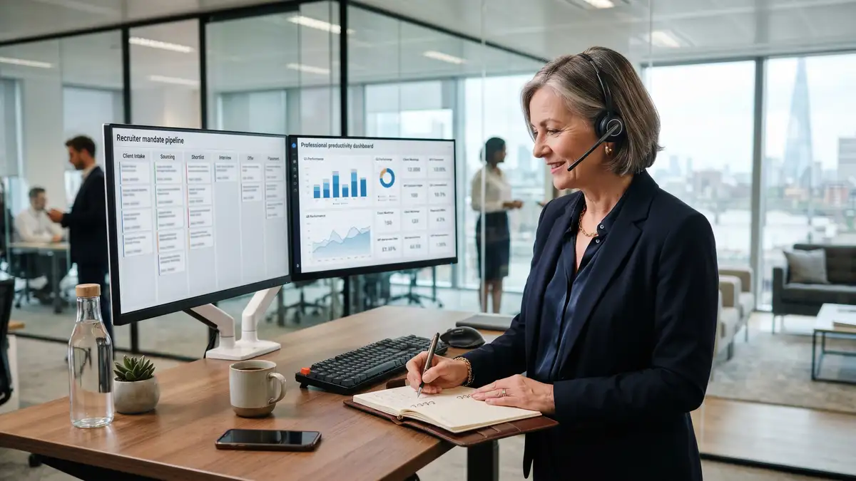 Senior recruiter at standing desk with dual monitors showing mandate pipeline kanban and productivity dashboard