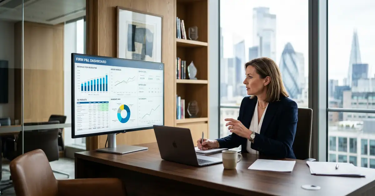 Managing director of a boutique executive search firm reviewing firm-level P&L dashboard showing revenue per recruiter, gross margin, and EBITDA metrics