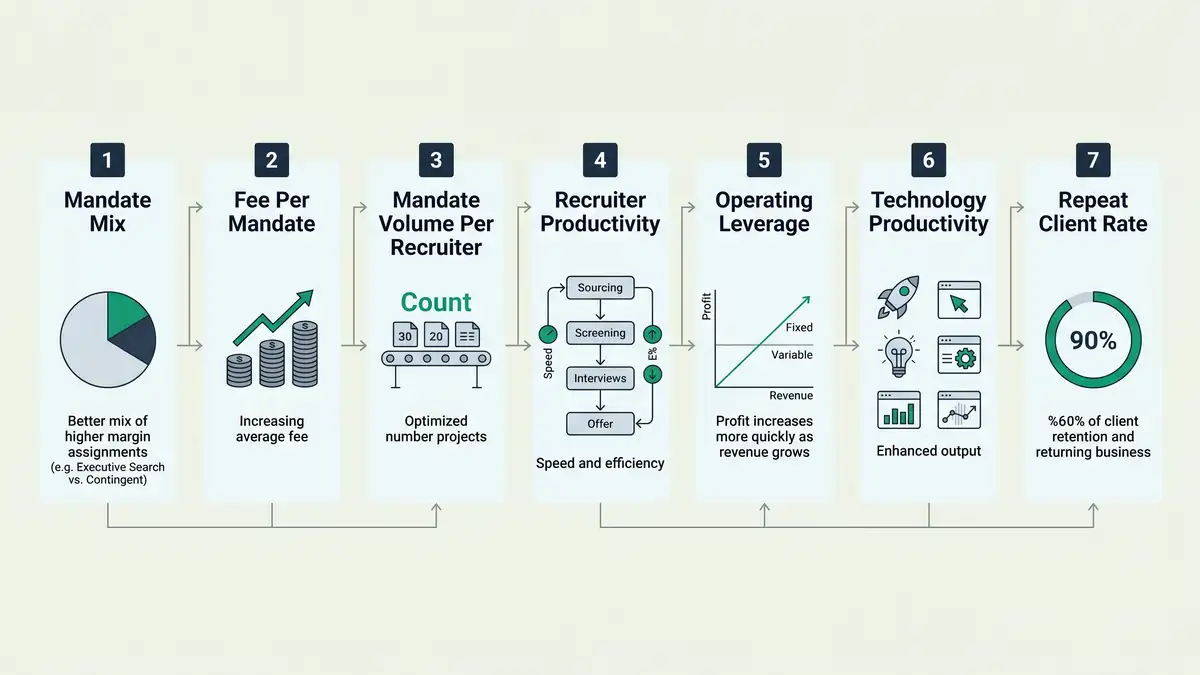 Horizontal flow infographic showing 7 profitability drivers from mandate mix through repeat client rate