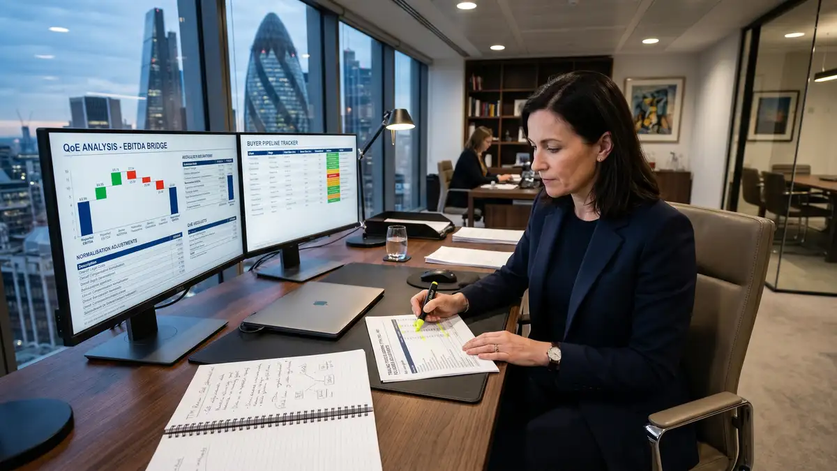 Boutique recruitment firm CFO reviewing trailing twelve months financial statements with quality-of-earnings adjustments and EBITDA bridge analysis on dual monitors