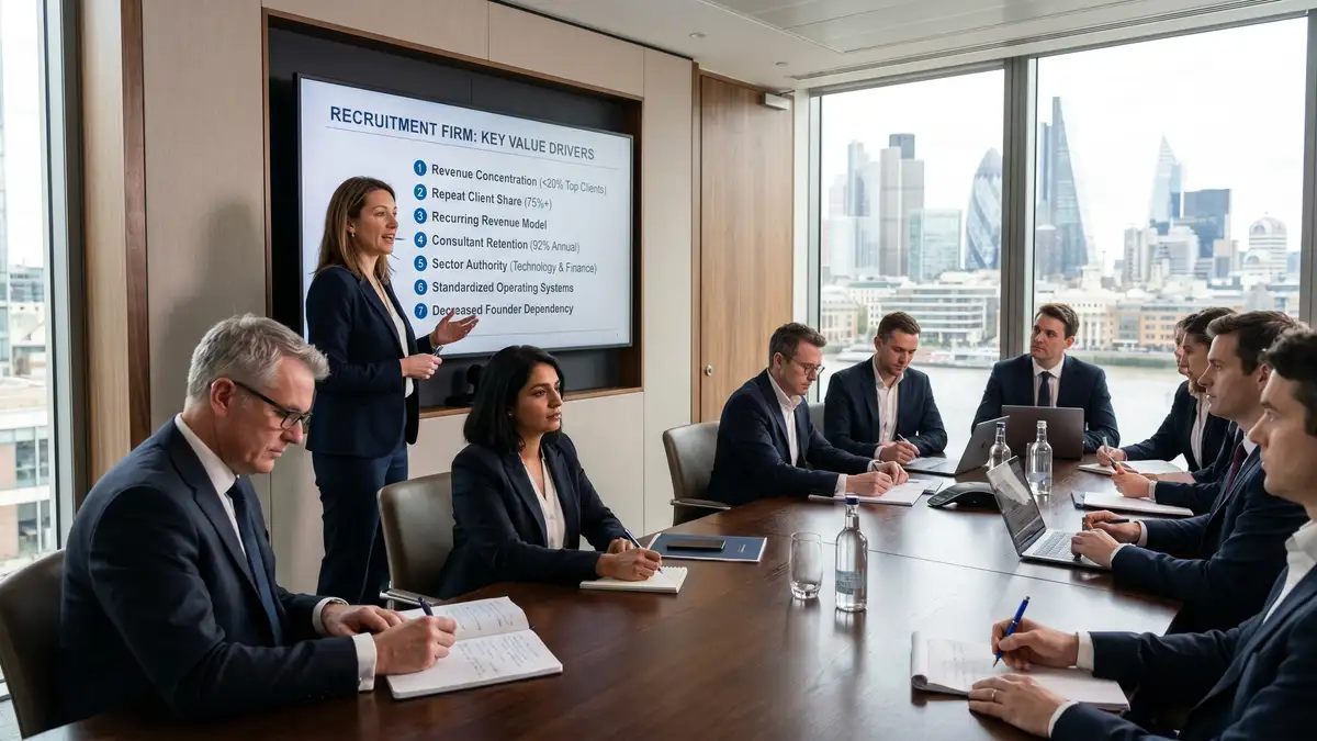 Founder Managing Director presenting their recruitment firm to a panel of private equity investors and strategic acquirers showing value drivers