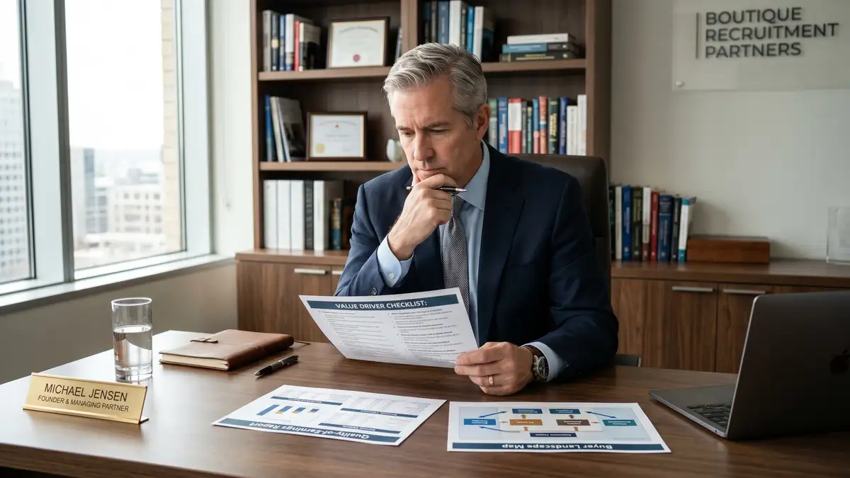 Founder owner of a boutique recruitment firm in a thoughtful pose reviewing exit planning documents at their executive desk