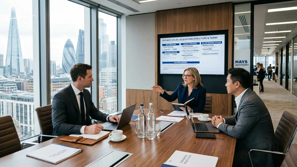 Private equity operating partner and strategic corporate development executive in an acquisition meeting with a recruitment firm founder reviewing deal structure terms