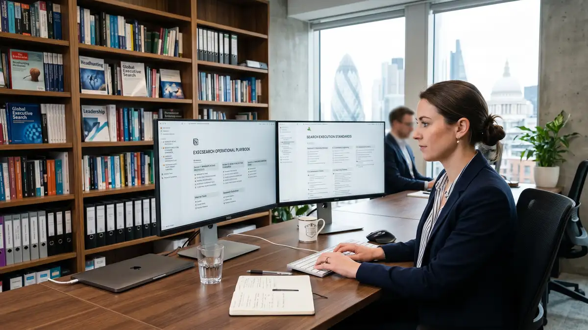 Research analyst at a boutique executive search firm working with a structured operations manual across two monitors