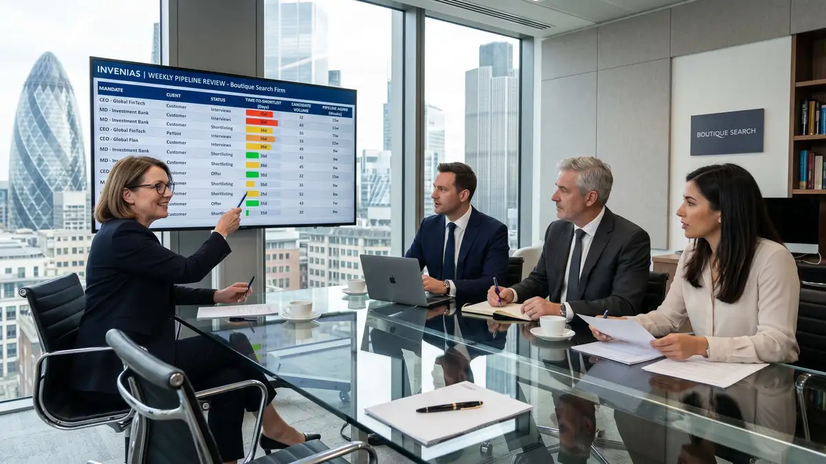 Weekly partner-level pipeline review at a boutique executive search firm with CRM dashboard showing mandate status and time-to-shortlist metrics