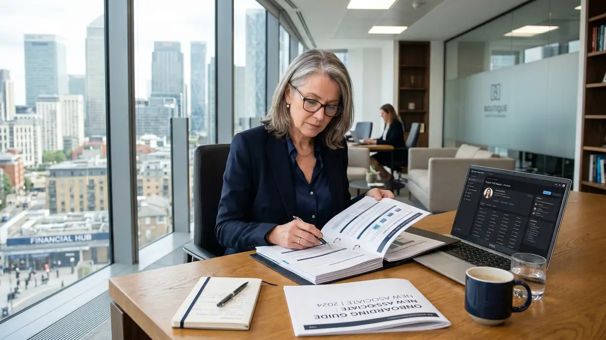 Senior executive search consultant reviewing a printed onboarding manual and operations binder