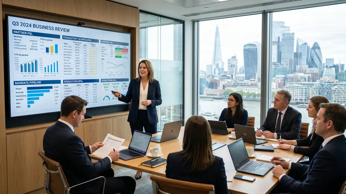 Boutique executive search Managing Director conducting a quarterly business review with the leadership team