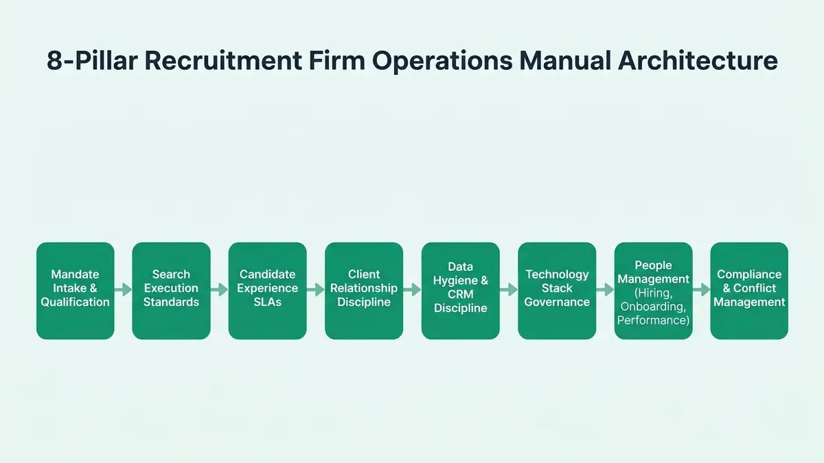 Infographic showing the 8-pillar recruitment firm operations manual architecture as a horizontal flow diagram with pillars from mandate intake through compliance