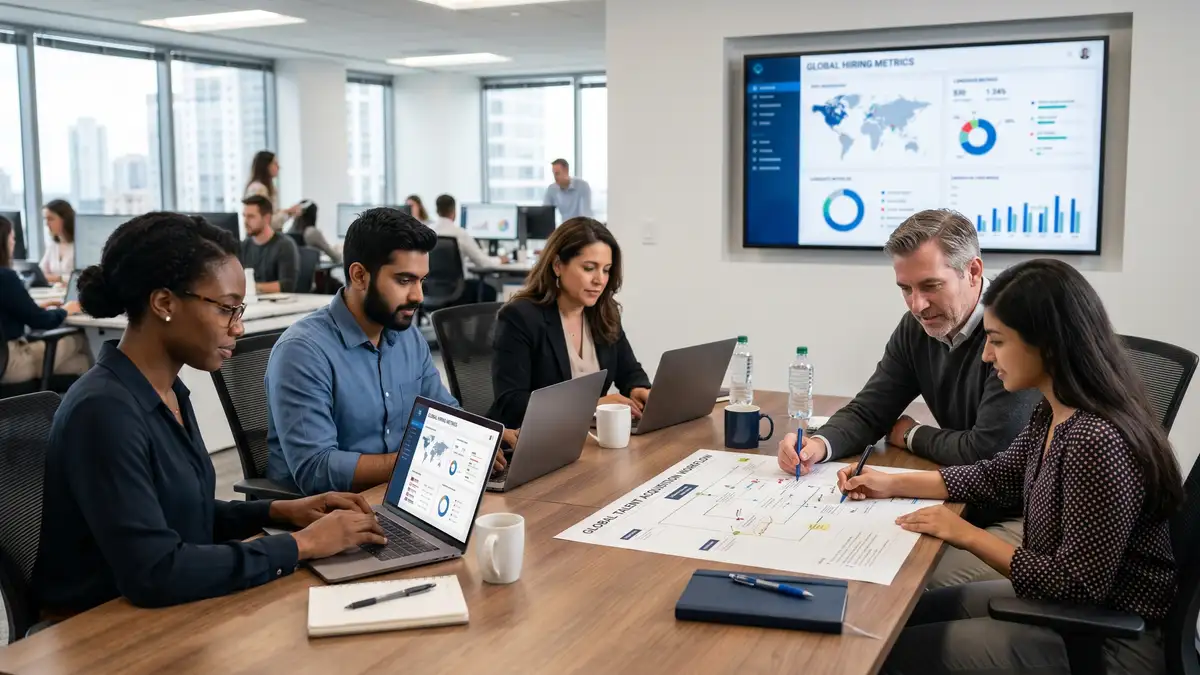 Global RPO delivery team collaborating around a table reviewing candidate management dashboards and talent acquisition workflow diagrams