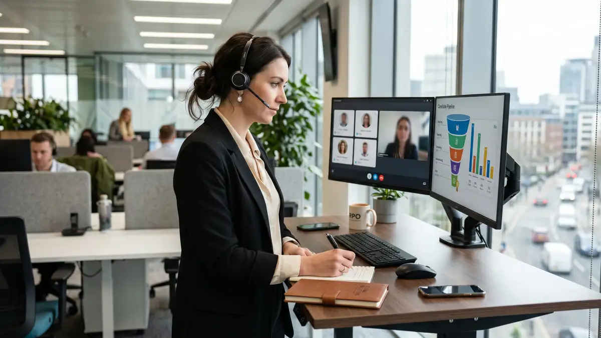 RPO talent acquisition specialist at standing desk with dual monitors reviewing candidate pipeline funnel
