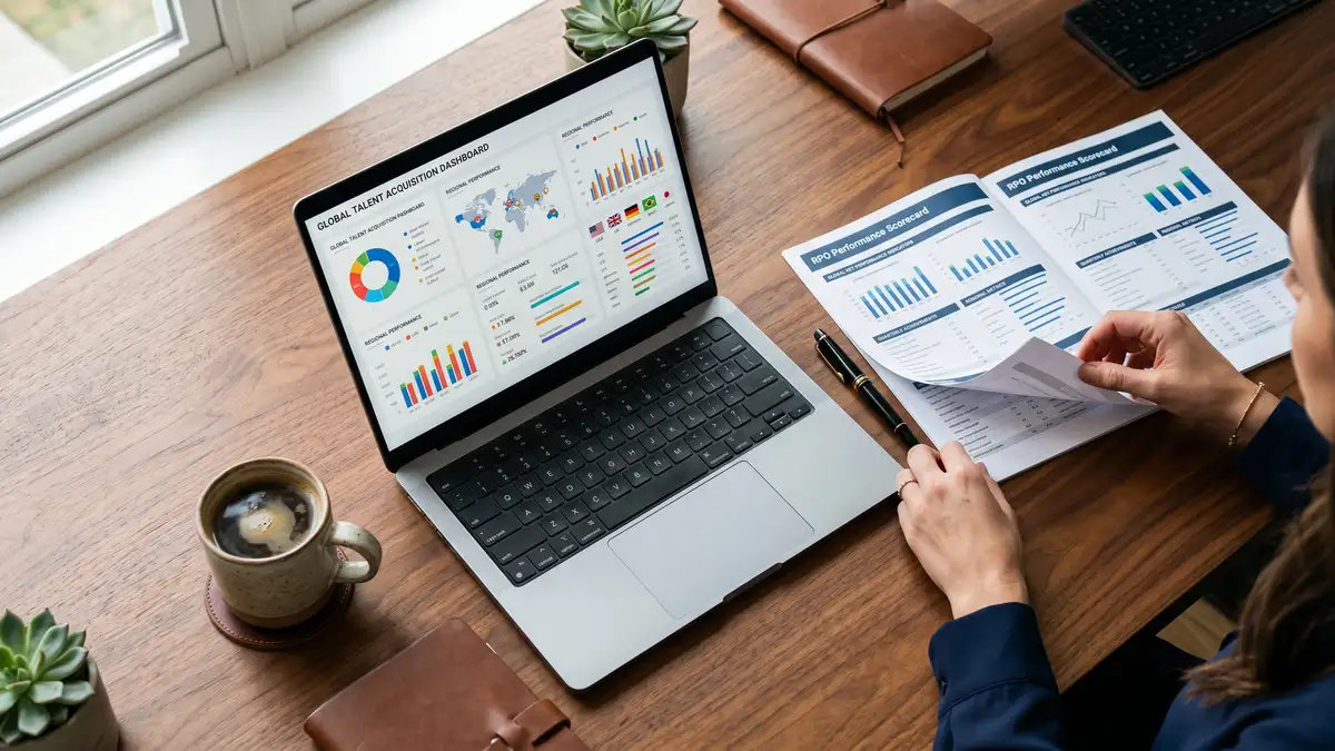 Close-up overhead view of RPO workspace with MacBook showing global talent acquisition dashboard and printed RPO scorecard report
