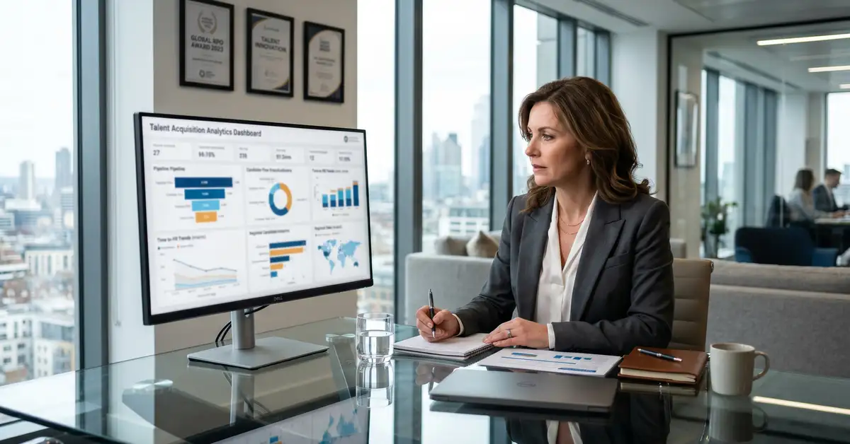 Managing director of a global recruitment process outsourcing firm reviewing talent acquisition analytics dashboard in a modern executive office