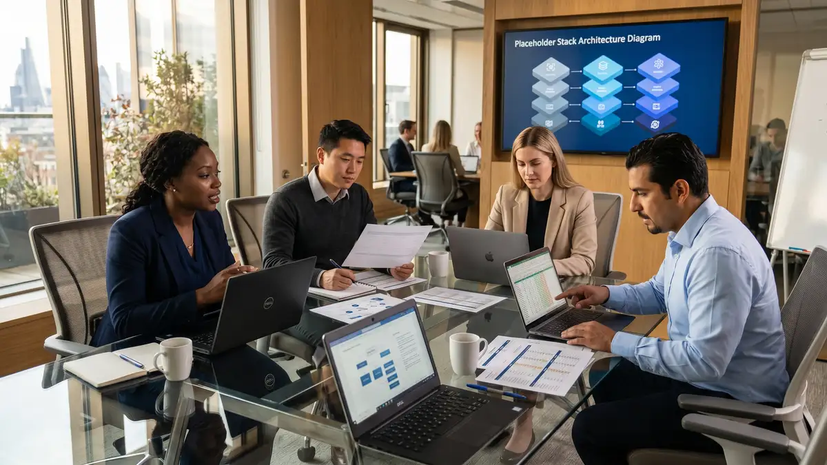 Team of executive search operations professionals reviewing technology vendor proposals around a glass conference table with wall monitor showing stack architecture diagram