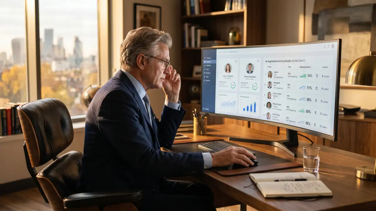 Senior consultant at an executive search firm reviewing AI-augmented candidate matching results on a large ultrawide monitor showing ranked candidate list with relevance scores