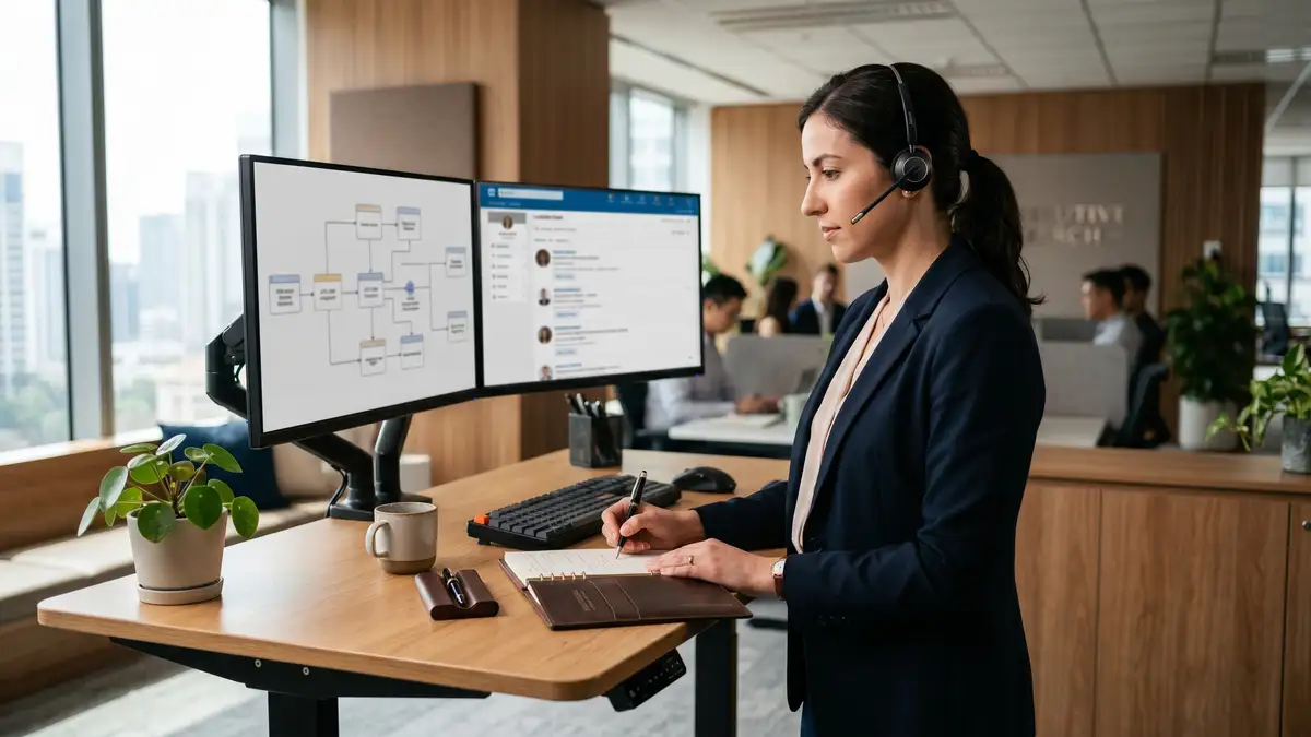 Recruitment operations specialist at sit-stand desk with dual monitors showing ATS-CRM integration flow diagram and sourcing platform candidate feed